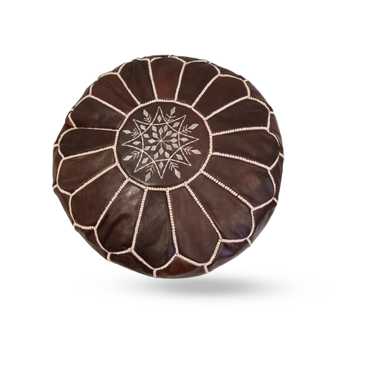 Experience the Exotic Elegance of Handmade Mahogany Dark Brown Leather Poufs from Marrakech, Morocco